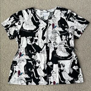 Disney Tooniforms Disney Princesses Scrub Top Black & White Graphics Women’s XL